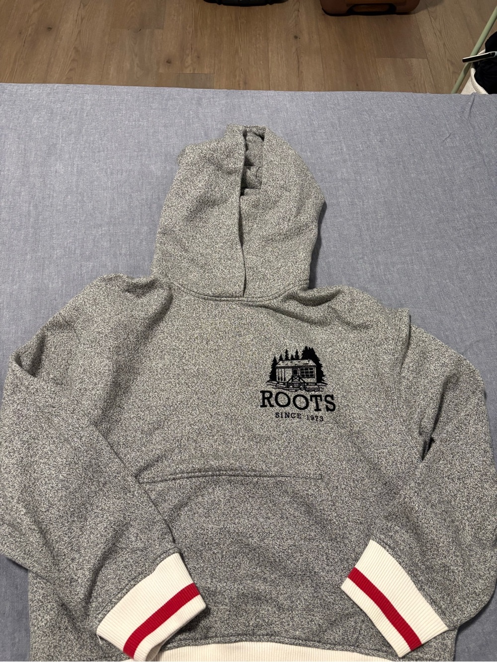 Roots Gray Crewneck Hoodie with White & Red Cuff Detail
